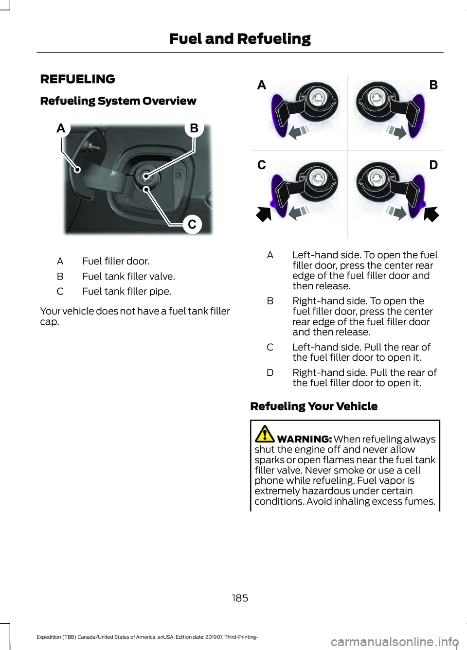 FORD EXPEDITION 2020  Owners Manual REFUELING
Refueling System Overview
Fuel filler door.
A
Fuel tank filler valve.
B
Fuel tank filler pipe.
C
Your vehicle does not have a fuel tank filler
cap. Left-hand side. To open the fuel
filler do