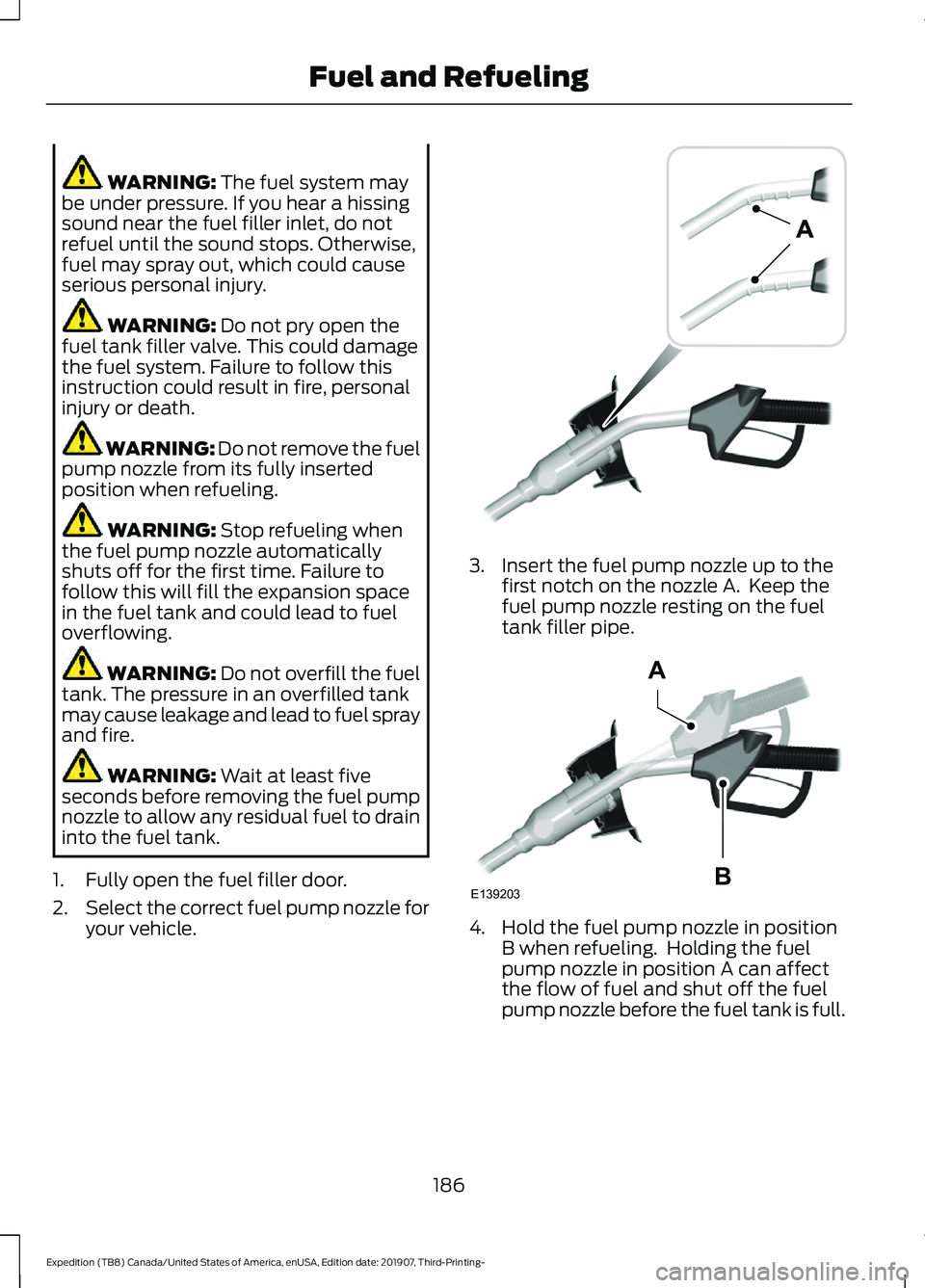 FORD EXPEDITION 2020  Owners Manual WARNING: The fuel system may
be under pressure. If you hear a hissing
sound near the fuel filler inlet, do not
refuel until the sound stops. Otherwise,
fuel may spray out, which could cause
serious pe