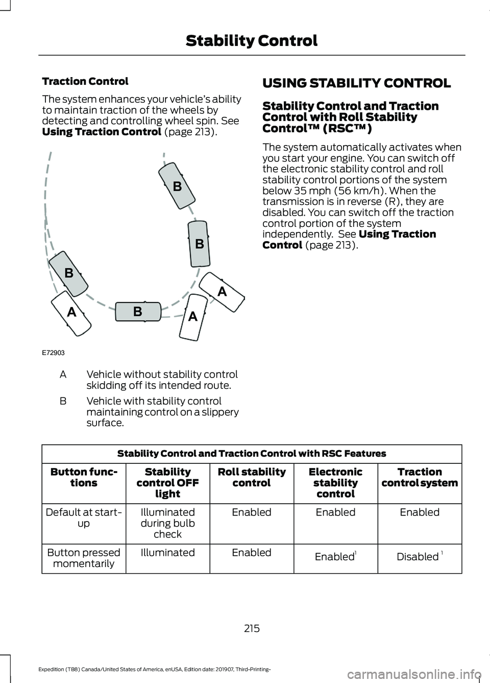 FORD EXPEDITION 2020  Owners Manual Traction Control
The system enhances your vehicle
’s ability
to maintain traction of the wheels by
detecting and controlling wheel spin. See
Using Traction Control (page 213). Vehicle without stabil