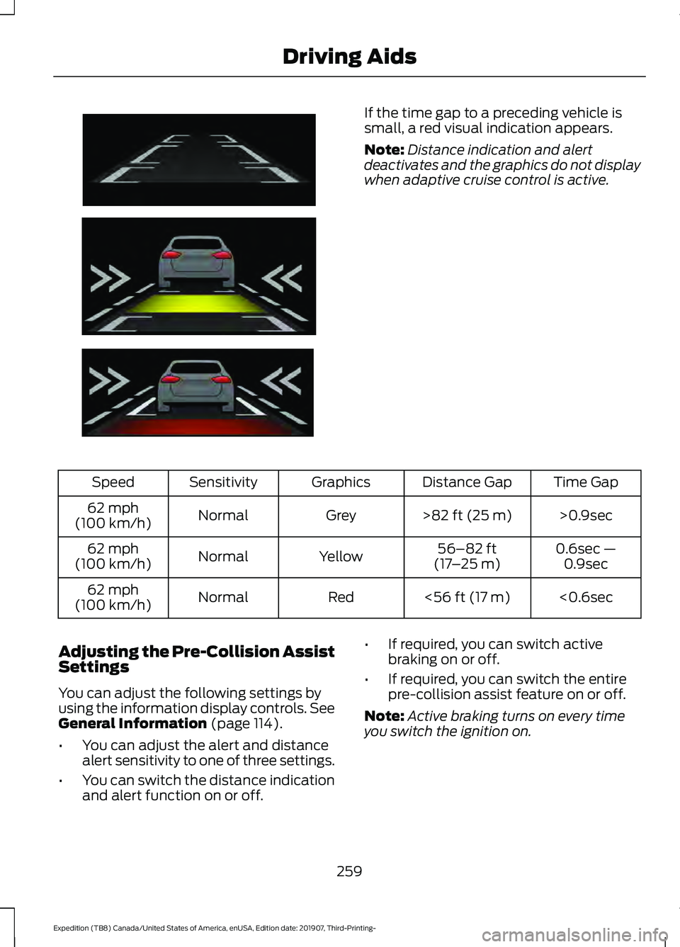 FORD EXPEDITION 2020  Owners Manual If the time gap to a preceding vehicle is
small, a red visual indication appears.
Note:
Distance indication and alert
deactivates and the graphics do not display
when adaptive cruise control is active