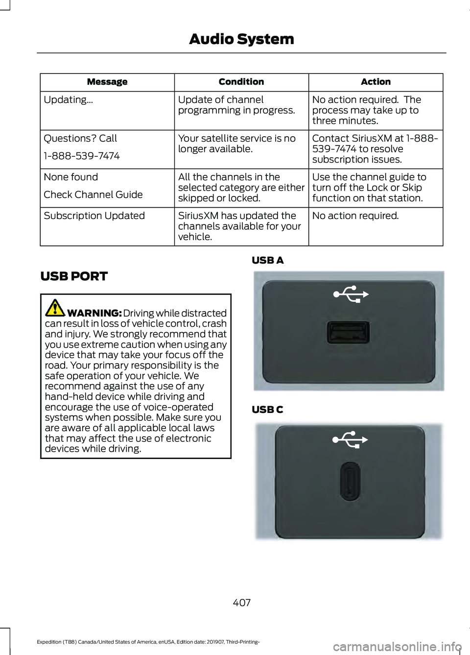 FORD EXPEDITION 2020 Owners Manual Action
Condition
Message
No action required. The
process may take up to
three minutes.
Update of channel
programming in progress.
Updating\b
Contact SiriusXM at 1-888-
539-7474 to resolve
subscriptio FORD EXPEDITION 2020 Owners Manual Action
Condition
Message
No action required. The
process may take up to
three minutes.
Update of channel
programming in progress.
Updating\b
Contact SiriusXM at 1-888-
539-7474 to resolve
subscriptio