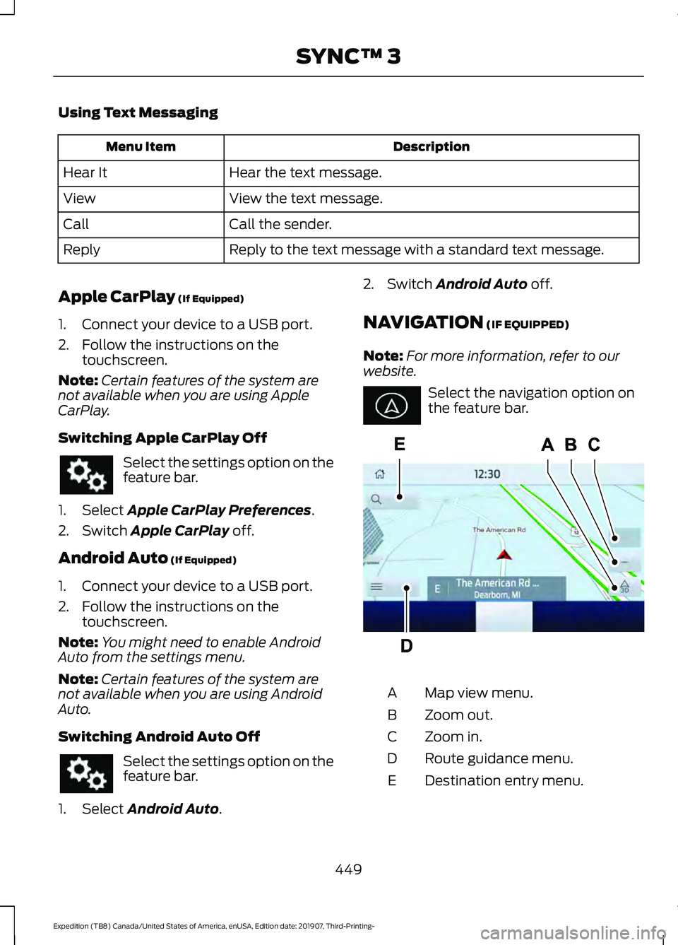 FORD EXPEDITION 2020 Owners Manual Using Text Messaging
Description
Menu Item
Hear the text message.
Hear It
View the text message.
View
Call the sender.
Call
Reply to the text message with a standard text message.
Reply
Apple CarPlay FORD EXPEDITION 2020 Owners Manual Using Text Messaging
Description
Menu Item
Hear the text message.
Hear It
View the text message.
View
Call the sender.
Call
Reply to the text message with a standard text message.
Reply
Apple CarPlay