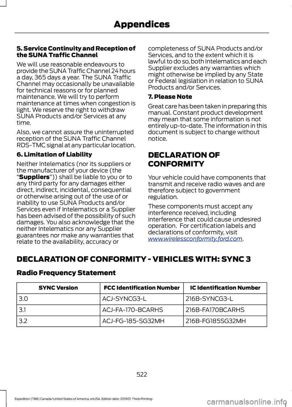 FORD EXPEDITION 2020  Owners Manual 5. Service Continuity and Reception of
the SUNA Traffic Channel
We will use reasonable endeavours to
provide the SUNA Traffic Channel 24 hours
a day, 365 days a year. The SUNA Traffic
Channel may occa