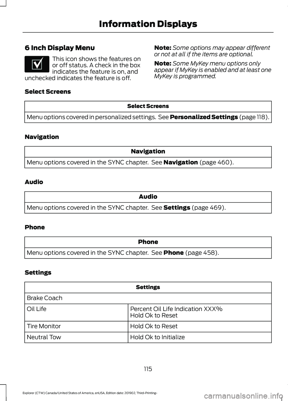 FORD EXPLORER 2020  Owners Manual 6 Inch Display Menu
This icon shows the features on
or off status. A check in the box
indicates the feature is on, and
unchecked indicates the feature is off. Note:
Some options may appear different
o