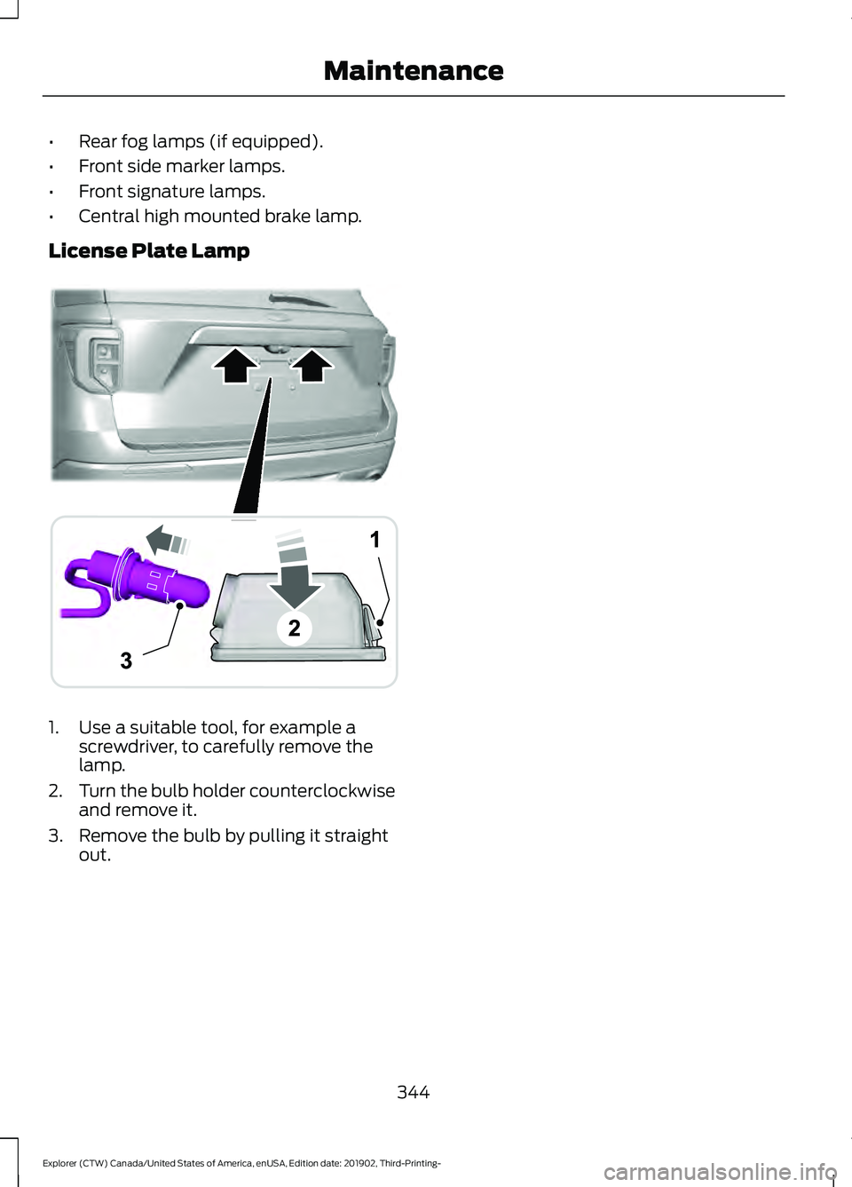 FORD EXPLORER 2020  Owners Manual •
Rear fog lamps (if equipped).
• Front side marker lamps.
• Front signature lamps.
• Central high mounted brake lamp.
License Plate Lamp 1. Use a suitable tool, for example a
screwdriver, to 