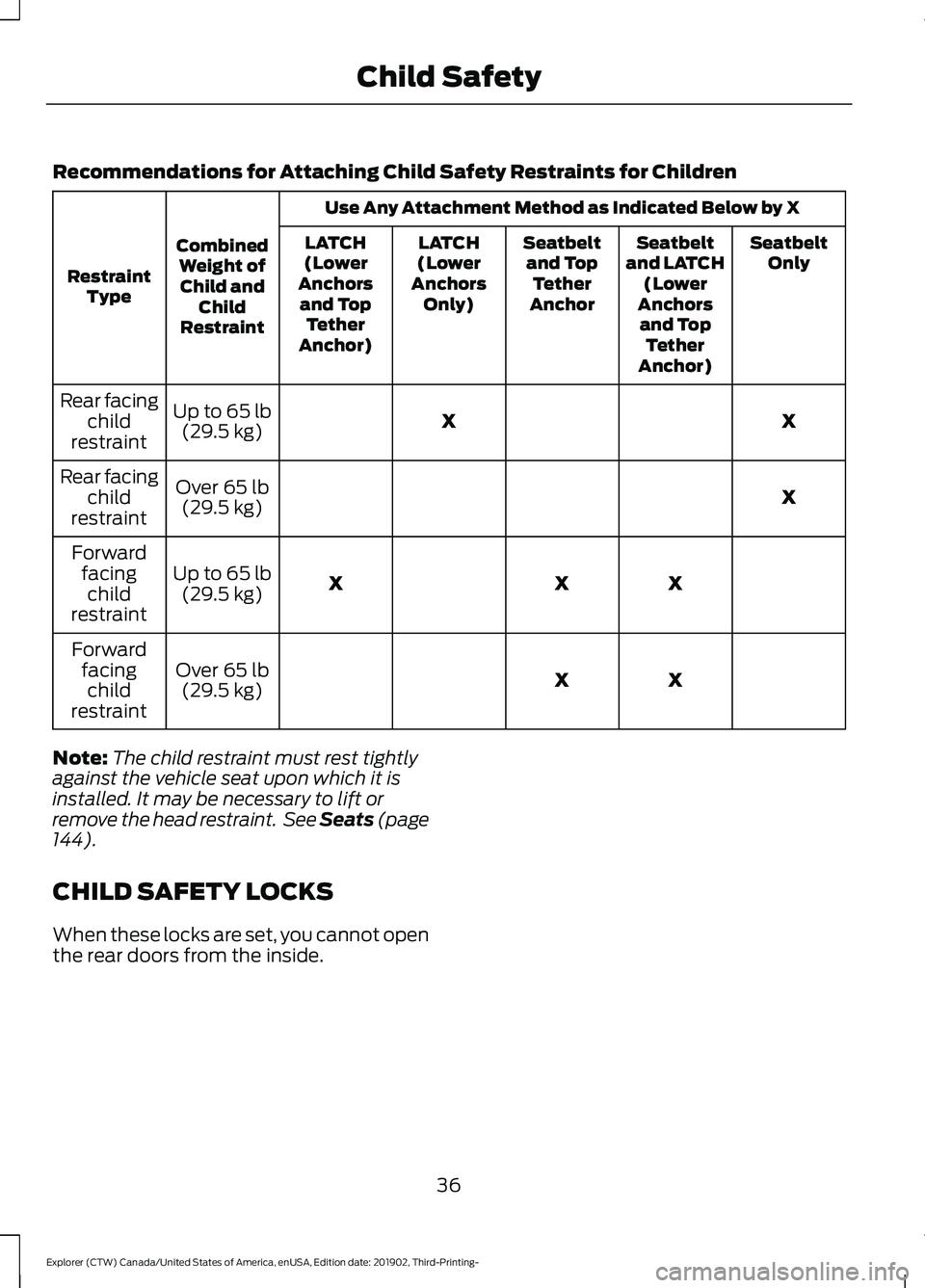 FORD EXPLORER 2020  Owners Manual Recommendations for Attaching Child Safety Restraints for Children
Use Any Attachment Method as Indicated Below by X
Combined Weight ofChild and Child
Restraint
Restraint
Type Seatbelt
Only
Seatbelt
a