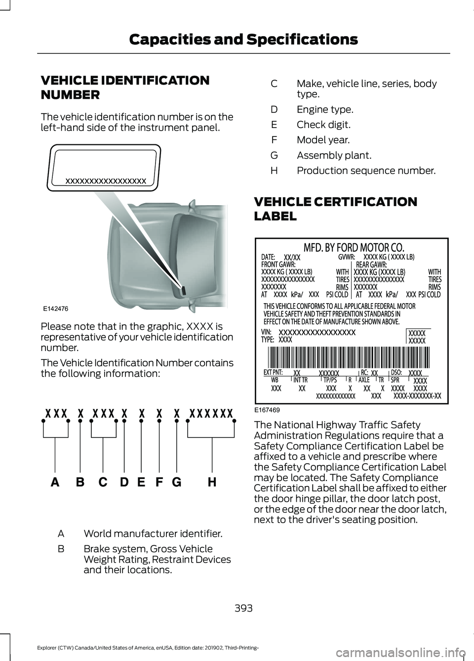 FORD EXPLORER 2020  Owners Manual VEHICLE IDENTIFICATION
NUMBER
The vehicle identification number is on the
left-hand side of the instrument panel.
Please note that in the graphic, XXXX is
representative of your vehicle identification