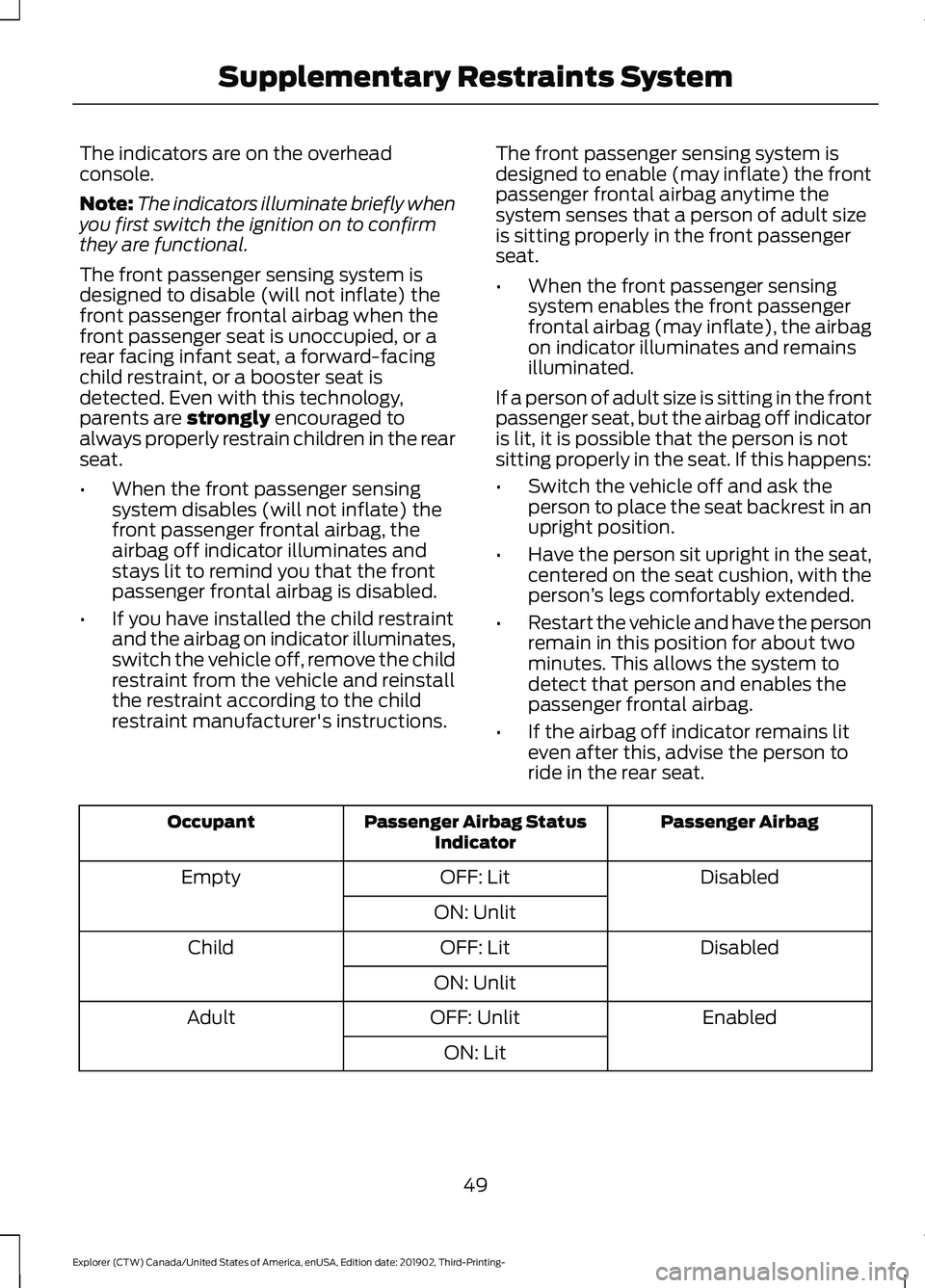 FORD EXPLORER 2020 Owners Manual The indicators are on the overhead
console.
Note:
The indicators illuminate briefly when
you first switch the ignition on to confirm
they are functional.
The front passenger sensing system is
designed FORD EXPLORER 2020 Owners Manual The indicators are on the overhead
console.
Note:
The indicators illuminate briefly when
you first switch the ignition on to confirm
they are functional.
The front passenger sensing system is
designed