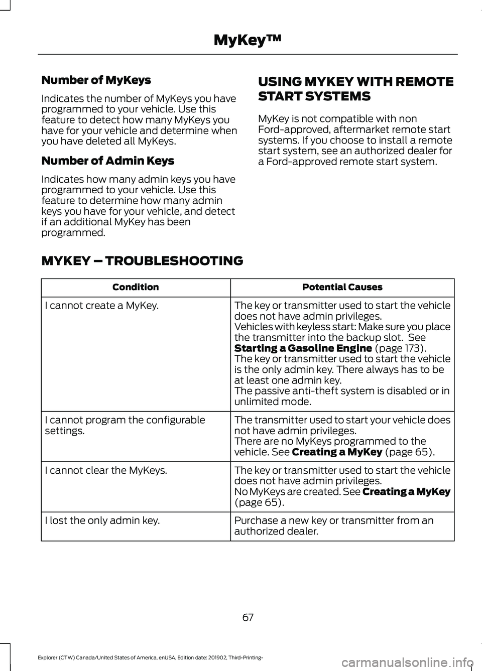 FORD EXPLORER 2020 Owners Manual Number of MyKeys
Indicates the number of MyKeys you have
programmed to your vehicle. Use this
feature to detect how many MyKeys you
have for your vehicle and determine when
you have deleted all MyKeys FORD EXPLORER 2020 Owners Manual Number of MyKeys
Indicates the number of MyKeys you have
programmed to your vehicle. Use this
feature to detect how many MyKeys you
have for your vehicle and determine when
you have deleted all MyKeys