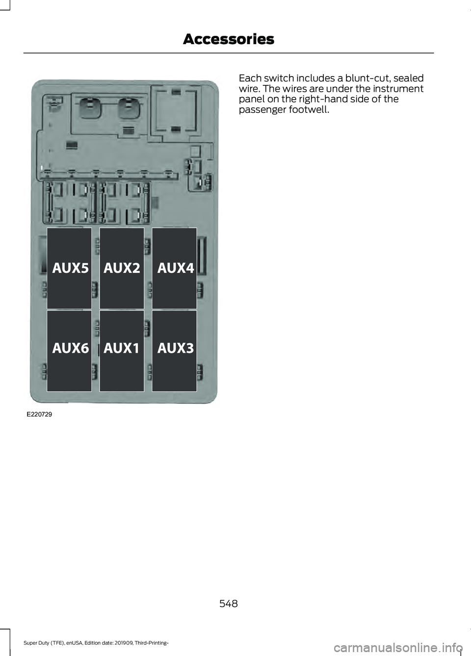 FORD F-250 2020  Owners Manual Each switch includes a blunt-cut, sealed
wire. The wires are under the instrument
panel on the right-hand side of the
passenger footwell.
548
Super Duty (TFE), enUSA, Edition date: 201909, Third-Print