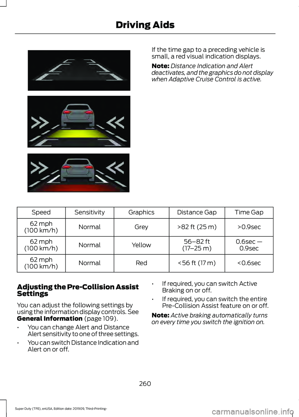 FORD F-350 2020  Owners Manual If the time gap to a preceding vehicle is
small, a red visual indication displays.
Note:
Distance Indication and Alert
deactivates, and the graphics do not display
when Adaptive Cruise Control is acti