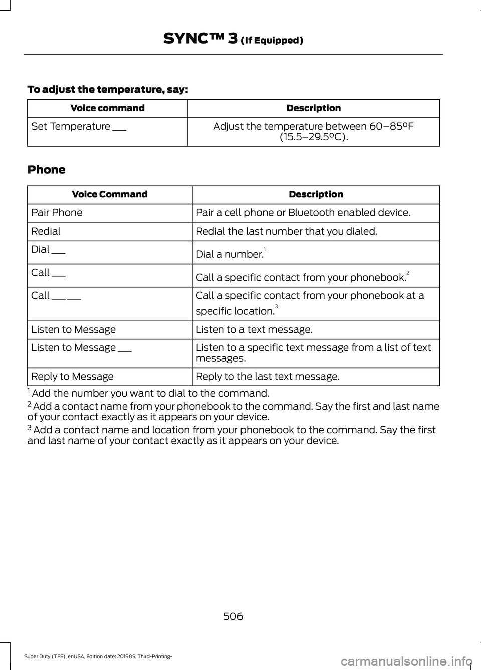 FORD F-350 2020  Owners Manual To adjust the temperature, say:
Description
Voice command
Adjust the temperature between 60–85°F
(15.5– 29.5°C).
Set Temperature ___
Phone Description
Voice Command
Pair a cell phone or Bluetoot