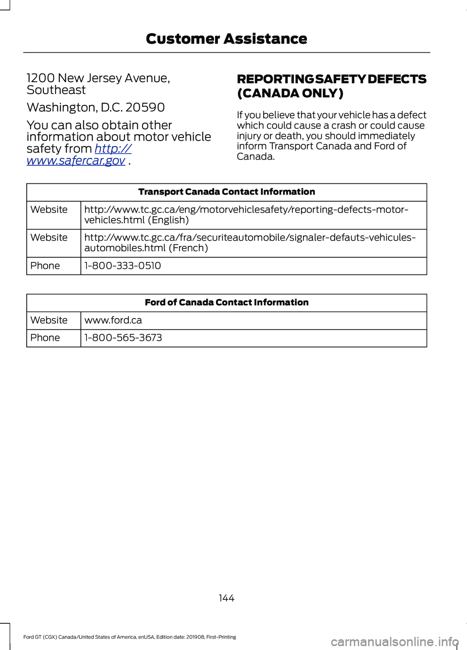 FORD GT 2020  Owners Manual 1200 New Jersey Avenue,
Southeast
Washington, D.C. 20590
You can also obtain other
information about motor vehicle
safety from ht
tp:/ /
www .s a f er c ar .g o v  .
REPORTING SAFETY DEFECTS
(CANADA O