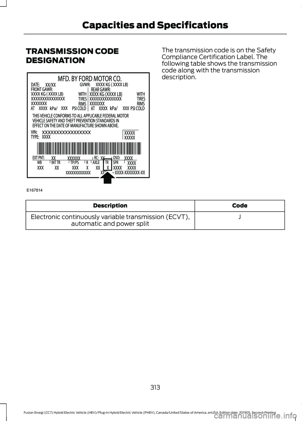 FORD FUSION/HYBRID 2020  Owners Manual TRANSMISSION CODE
DESIGNATION The transmission code is on the Safety
Compliance Certification Label. The
following table shows the transmission
code along with the transmission
description.
Code
Descr