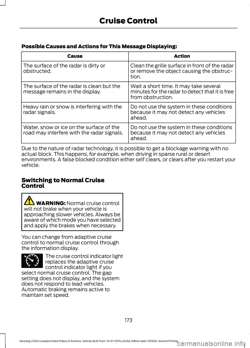 FORD MUSTANG 2020  Owners Manual Possible Causes and Actions for This Message Displaying:
Action
Cause
Clean the grille surface in front of the radar
or remove the object causing the obstruc-
tion.
The surface of the radar is dirty o