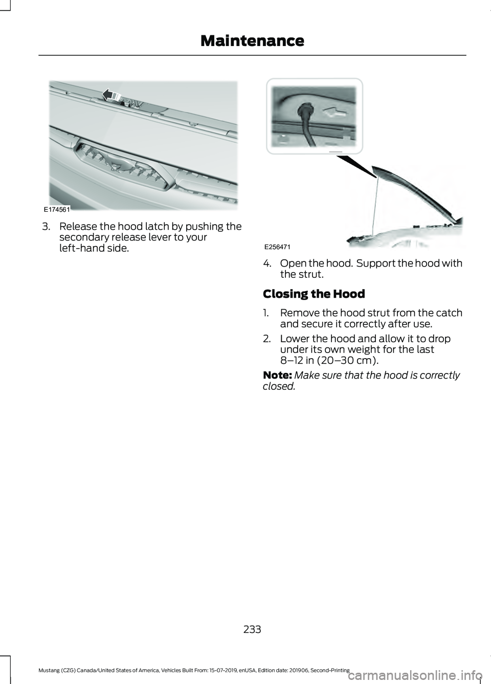FORD MUSTANG 2020  Owners Manual 3. Release the hood latch by pushing the
secondary release lever to your
left-hand side. 4.
Open the hood.  Support the hood with
the strut.
Closing the Hood
1. Remove the hood strut from the catch
an