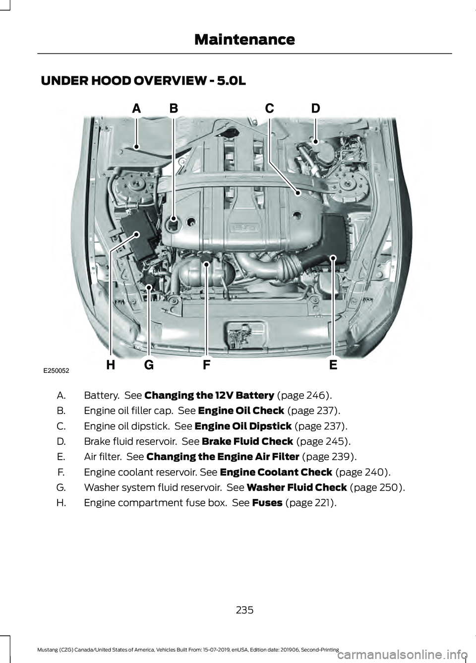 FORD MUSTANG 2020  Owners Manual UNDER HOOD OVERVIEW - 5.0L
Battery.  See Changing the 12V Battery (page 246).
A.
Engine oil filler cap.  See 
Engine Oil Check (page 237).
B.
Engine oil dipstick.  See 
Engine Oil Dipstick (page 237).