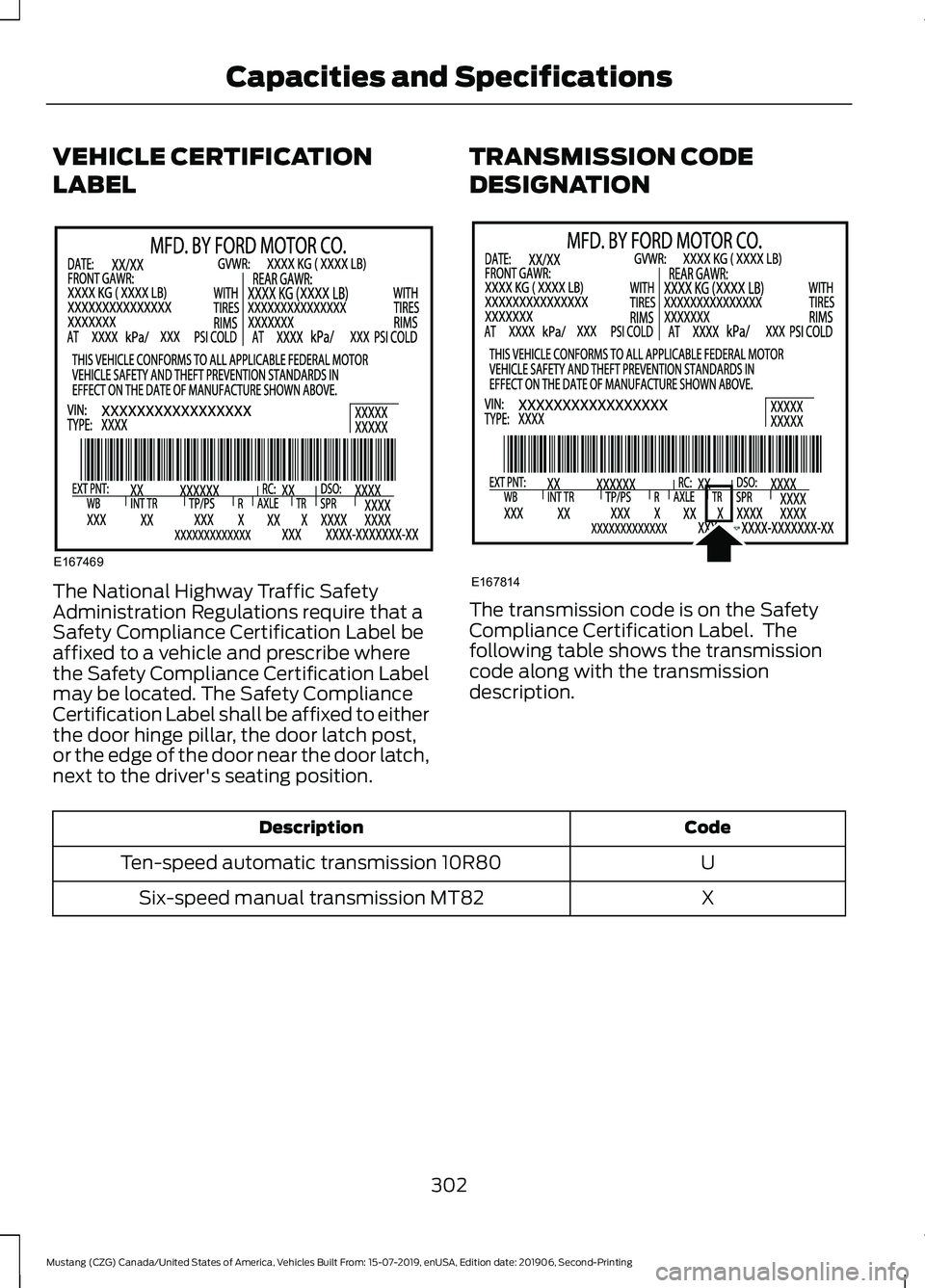FORD MUSTANG 2020  Owners Manual VEHICLE CERTIFICATION
LABEL
The National Highway Traffic Safety
Administration Regulations require that a
Safety Compliance Certification Label be
affixed to a vehicle and prescribe where
the Safety C
