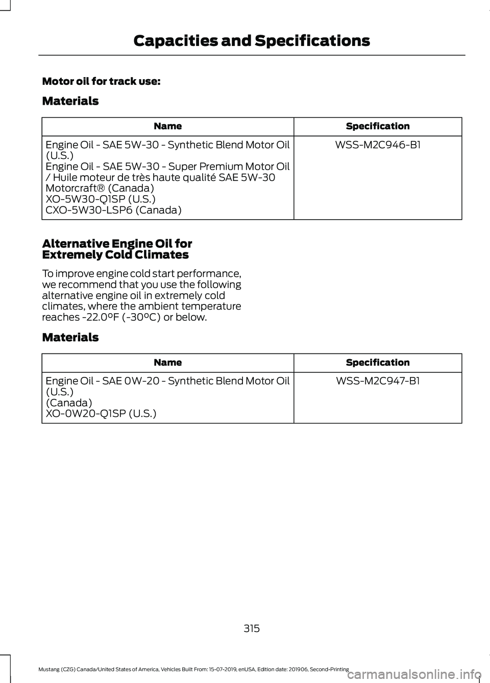 FORD MUSTANG 2020  Owners Manual Motor oil for track use:
Materials
Specification
Name
WSS-M2C946-B1
Engine Oil - SAE 5W-30 - Synthetic Blend Motor Oil
(U.S.)
Engine Oil - SAE 5W-30 - Super Premium Motor Oil
/ Huile moteur de très h
