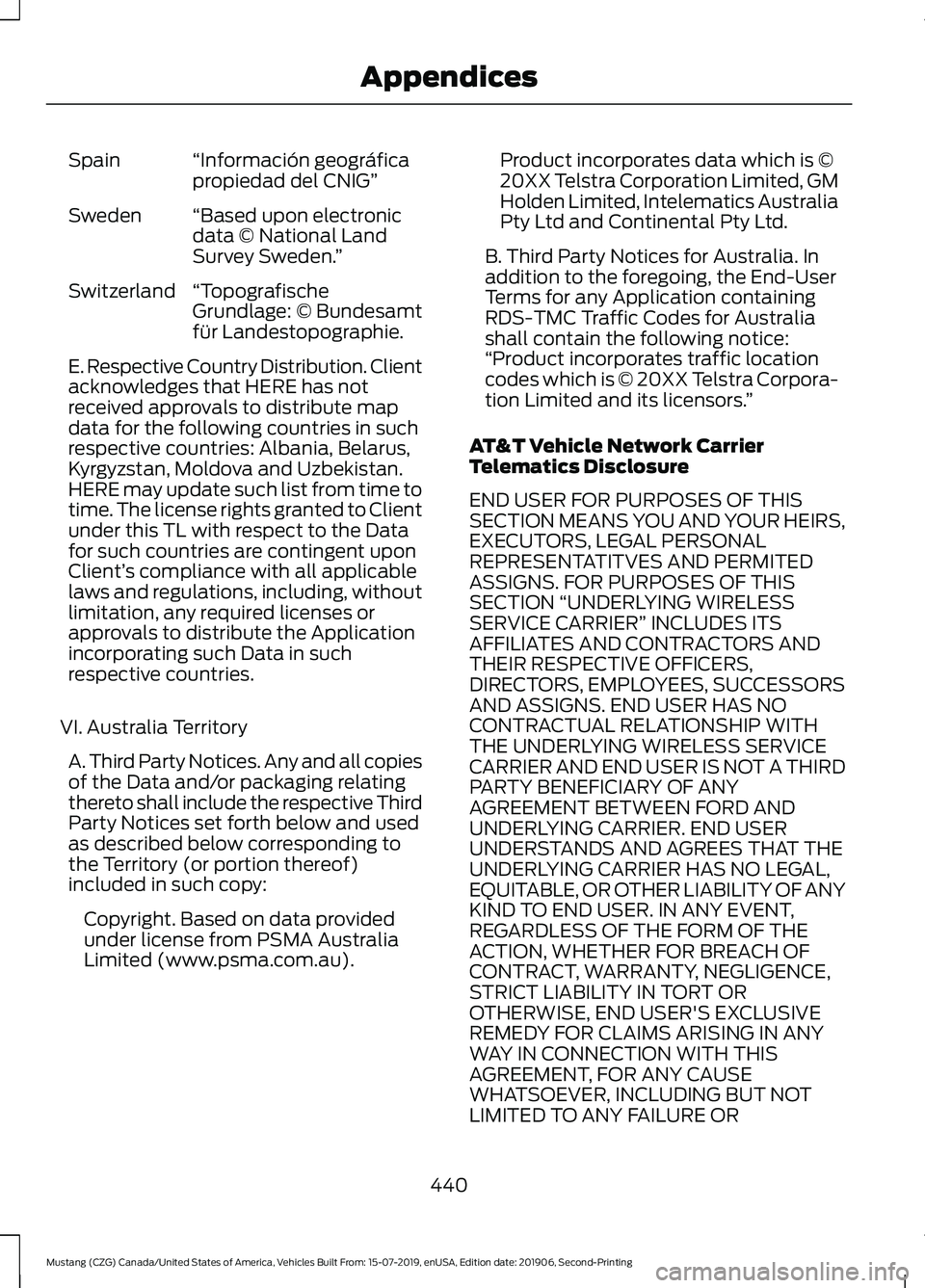 FORD MUSTANG 2020  Owners Manual “Información geográfica
propiedad del CNIG”
Spain
“Based upon electronic
data © National Land
Survey Sweden. ”
Sweden
“Topografische
Grundlage: © Bundesamt
für Landestopographie.
Switze