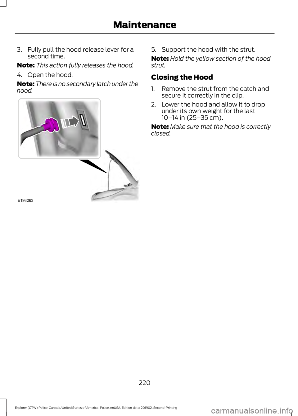 FORD POLICE INTERCEPTOR 2020  Owners Manual 3. Fully pull the hood release lever for a
second time.
Note: This action fully releases the hood.
4. Open the hood.
Note: There is no secondary latch under the
hood. 5. Support the hood with the stru