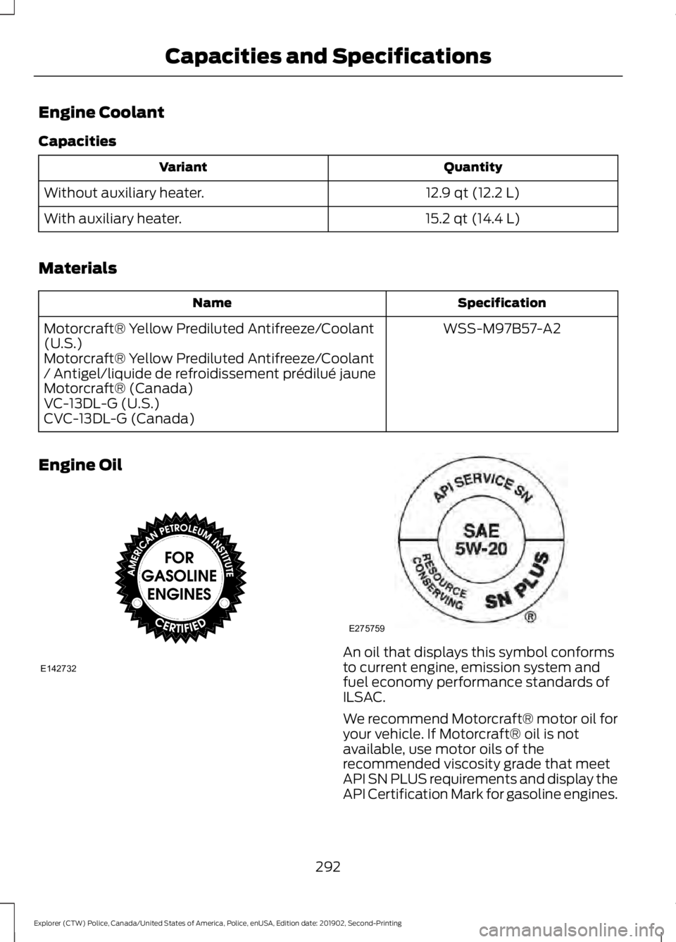 FORD POLICE INTERCEPTOR 2020  Owners Manual Engine Coolant
Capacities
Quantity
Variant
12.9 qt (12.2 L)
Without auxiliary heater.
15.2 qt (14.4 L)
With auxiliary heater.
Materials Specification
Name
WSS-M97B57-A2
Motorcraft® Yellow Prediluted 