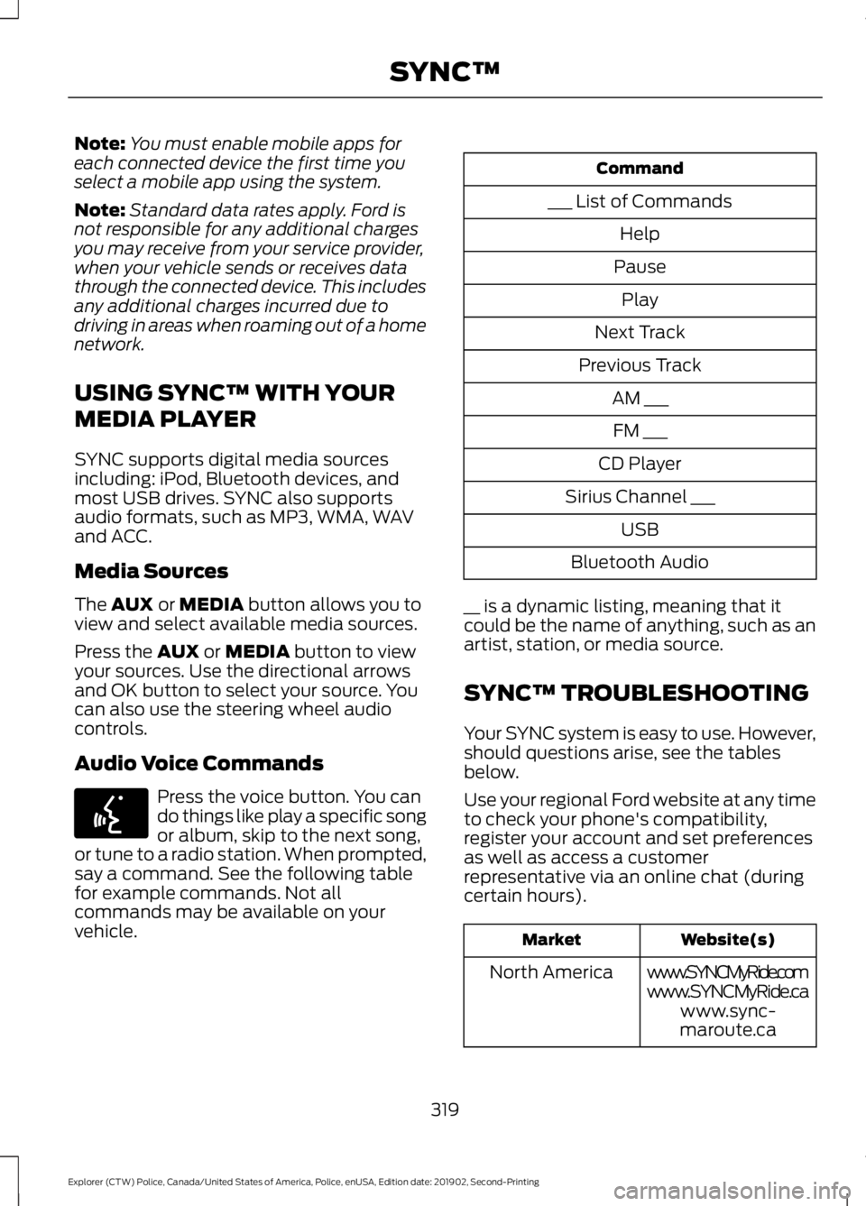 FORD POLICE INTERCEPTOR 2020  Owners Manual Note:
You must enable mobile apps for
each connected device the first time you
select a mobile app using the system.
Note: Standard data rates apply. Ford is
not responsible for any additional charges