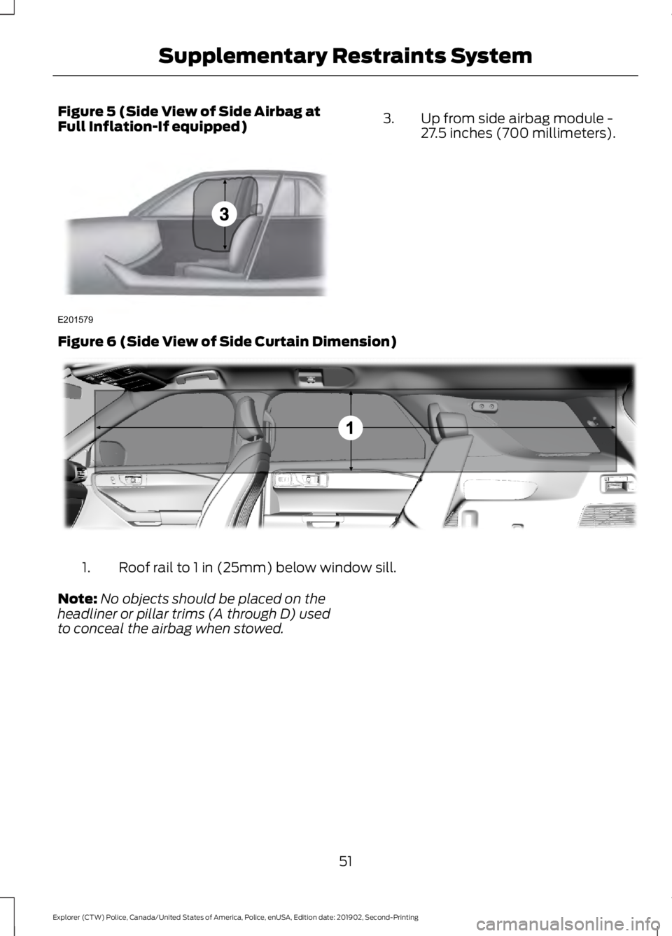 FORD POLICE INTERCEPTOR 2020  Owners Manual Figure 5 (Side View of Side Airbag at
Full Inflation-If equipped)
Up from side airbag module -
27.5 inches (700 millimeters).
3.
Figure 6 (Side View of Side Curtain Dimension) Roof rail to 1 in (25mm)
