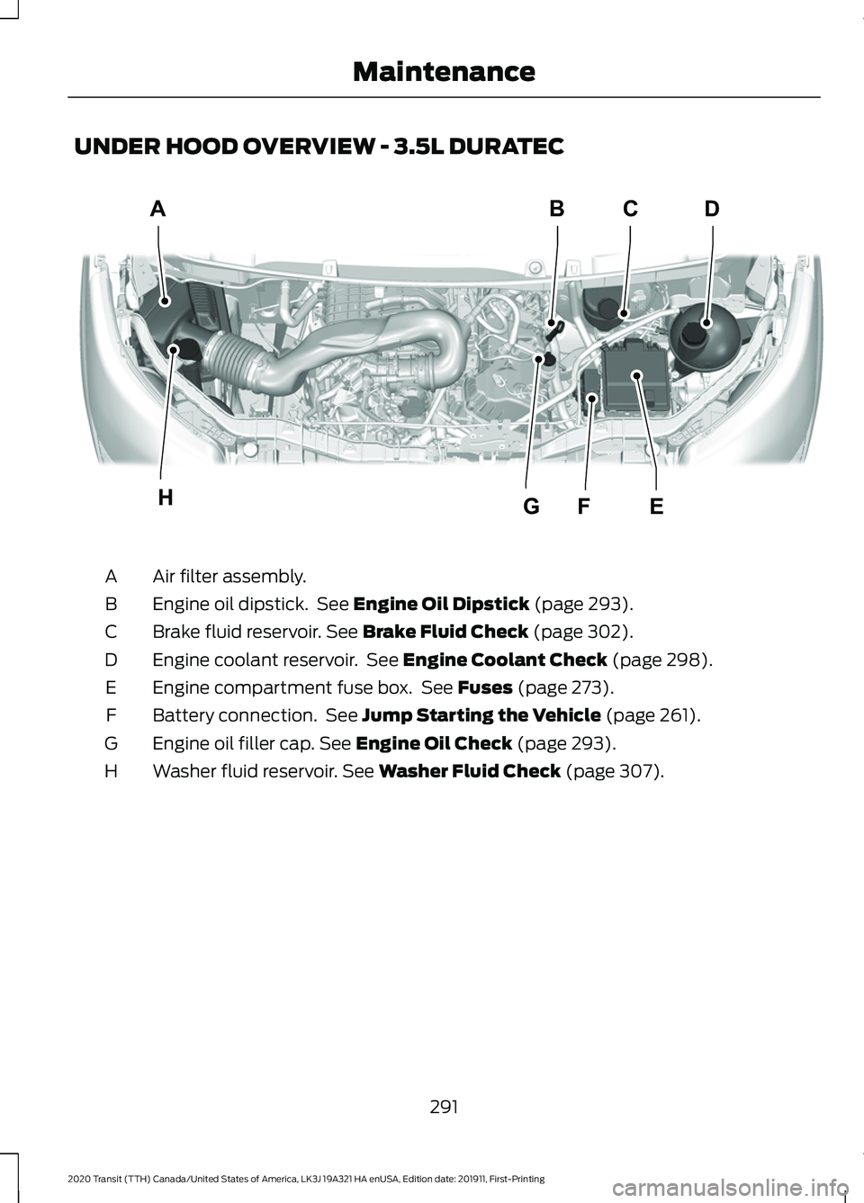 FORD TRANSIT 2020  Owners Manual UNDER HOOD OVERVIEW - 3.5L DURATEC
Air filter assembly.
A
Engine oil dipstick.  See Engine Oil Dipstick (page 293).
B
Brake fluid reservoir.
 See Brake Fluid Check (page 302).
C
Engine coolant reservo