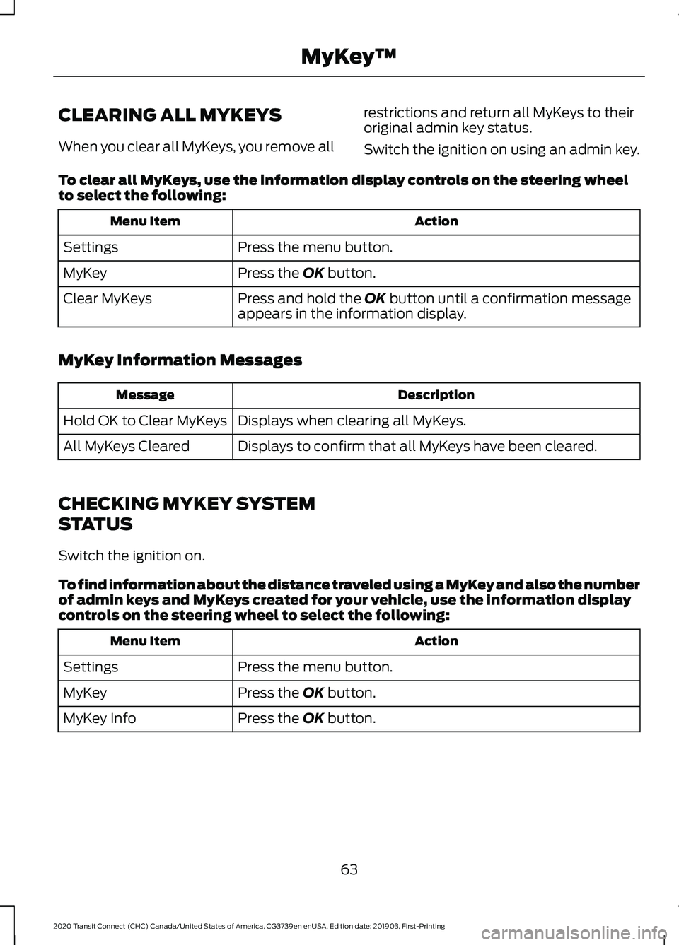 FORD TRANSIT CONNECT 2020 Owners Manual CLEARING ALL MYKEYS
When you clear all MyKeys, you remove all
restrictions and return all MyKeys to their
original admin key status.
Switch the ignition on using an admin key.
To clear all MyKeys, use FORD TRANSIT CONNECT 2020 Owners Manual CLEARING ALL MYKEYS
When you clear all MyKeys, you remove all
restrictions and return all MyKeys to their
original admin key status.
Switch the ignition on using an admin key.
To clear all MyKeys, use