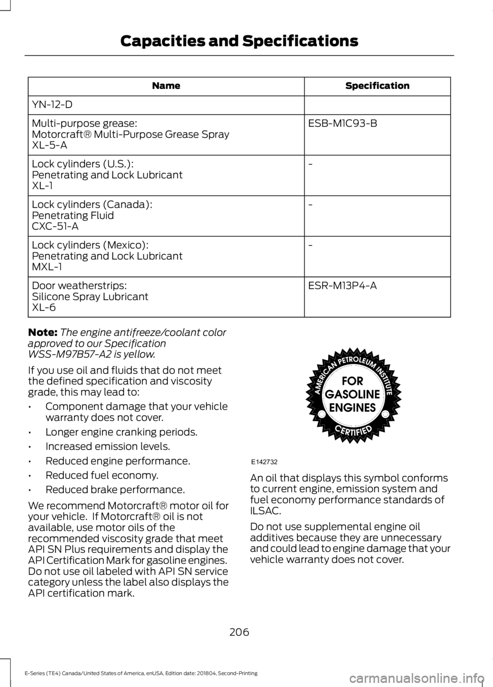 FORD E-350 2019 Owners Manual Specification
Name
YN-12-D ESB-M1C93-B
Multi-purpose grease:
Motorcraft® Multi-Purpose Grease Spray
XL-5-A
-
Lock cylinders (U.S.):
Penetrating and Lock Lubricant
XL-1
-
Lock cylinders (Canada):
Pene FORD E-350 2019 Owners Manual Specification
Name
YN-12-D ESB-M1C93-B
Multi-purpose grease:
Motorcraft® Multi-Purpose Grease Spray
XL-5-A
-
Lock cylinders (U.S.):
Penetrating and Lock Lubricant
XL-1
-
Lock cylinders (Canada):
Pene