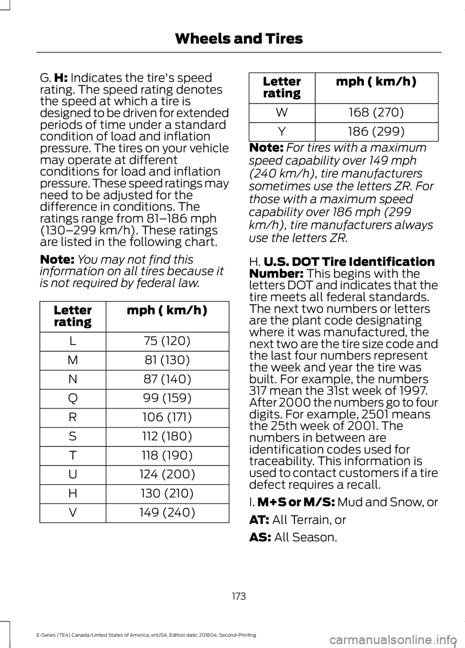 FORD E-450 2019 Owners Manual G.
H: Indicates the tire's speed
rating. The speed rating denotes
the speed at which a tire is
designed to be driven for extended
periods of time under a standard
condition of load and inflation
p FORD E-450 2019 Owners Manual G.
H: Indicates the tire's speed
rating. The speed rating denotes
the speed at which a tire is
designed to be driven for extended
periods of time under a standard
condition of load and inflation
p