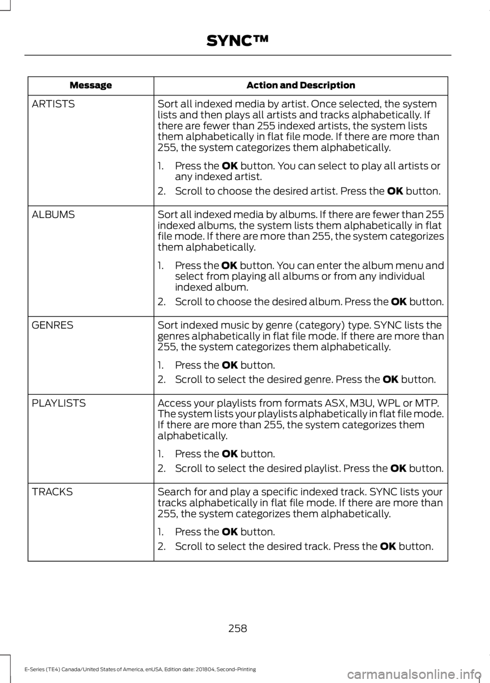 FORD E-450 2019 Owners Manual Action and Description
Message
Sort all indexed media by artist. Once selected, the system
lists and then plays all artists and tracks alphabetically. If
there are fewer than 255 indexed artists, the FORD E-450 2019 Owners Manual Action and Description
Message
Sort all indexed media by artist. Once selected, the system
lists and then plays all artists and tracks alphabetically. If
there are fewer than 255 indexed artists, the