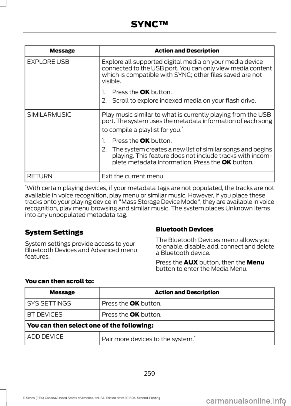 FORD E-450 2019 Owners Manual Action and Description
Message
Explore all supported digital media on your media device
connected to the USB port. You can only view media content
which is compatible with SYNC; other files saved are FORD E-450 2019 Owners Manual Action and Description
Message
Explore all supported digital media on your media device
connected to the USB port. You can only view media content
which is compatible with SYNC; other files saved are
