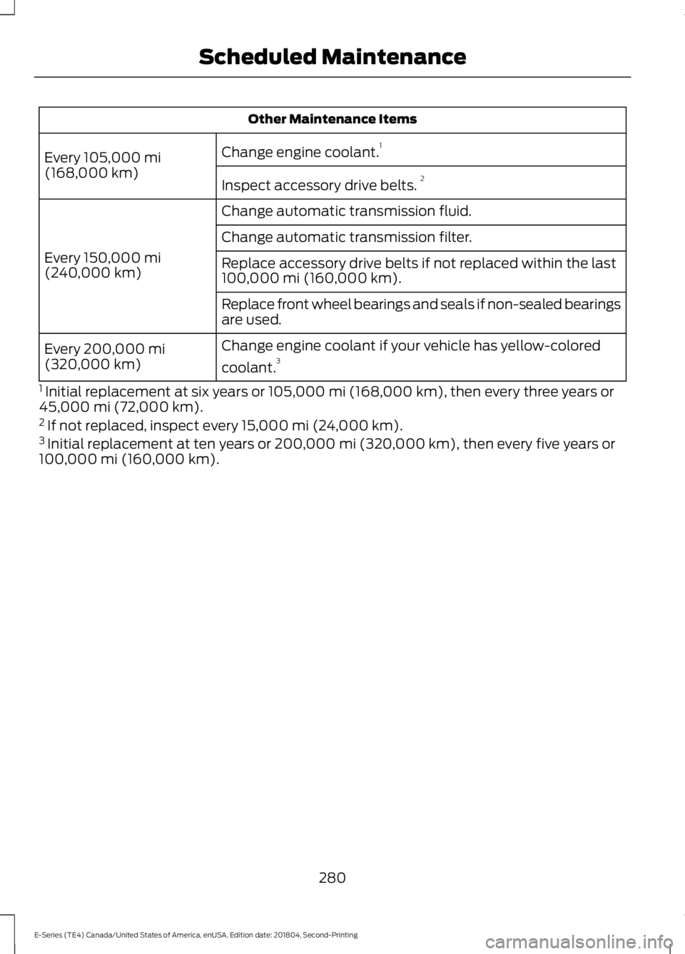 FORD E-450 2019  Owners Manual Other Maintenance Items
Change engine coolant. 1
Every 105,000 mi
(168,000 km) Inspect accessory drive belts. 2
Change automatic transmission fluid.
Every 
150,000 mi
(240,000 km) Change automatic tra