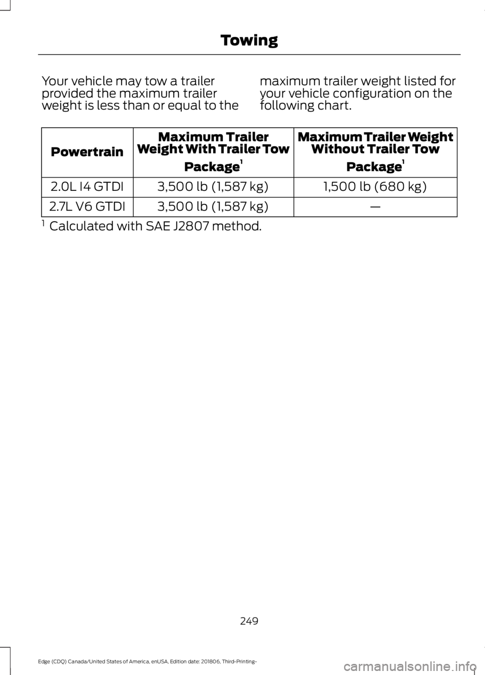 FORD EDGE 2019  Owners Manual Your vehicle may tow a trailer
provided the maximum trailer
weight is less than or equal to the
maximum trailer weight listed for
your vehicle configuration on the
following chart. Maximum Trailer Wei