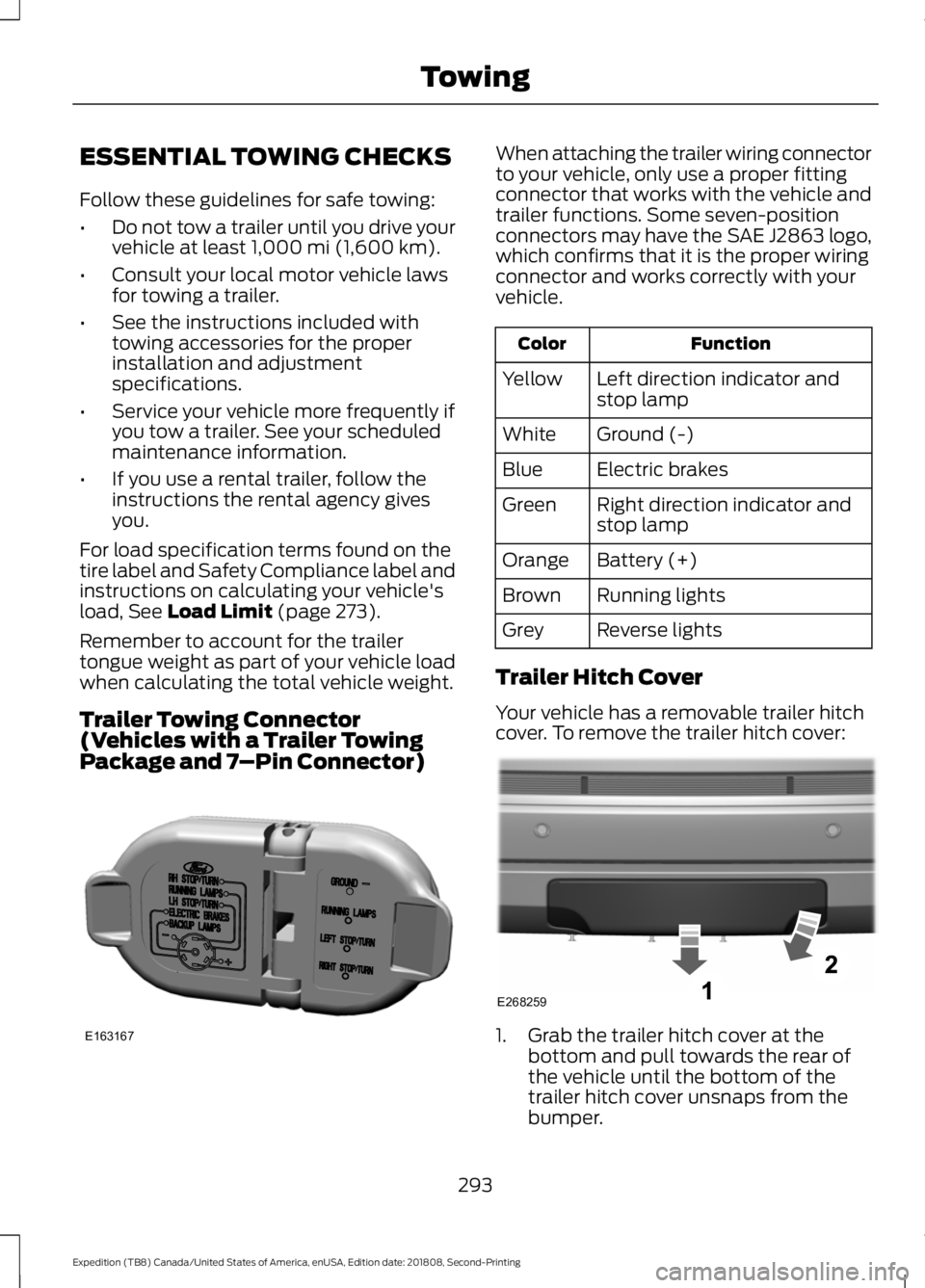 FORD EXPEDITION 2019 Owners Manual ESSENTIAL TOWING CHECKS
Follow these guidelines for safe towing:
•
Do not tow a trailer until you drive your
vehicle at least 1,000 mi (1,600 km).
• Consult your local motor vehicle laws
for towin FORD EXPEDITION 2019 Owners Manual ESSENTIAL TOWING CHECKS
Follow these guidelines for safe towing:
•
Do not tow a trailer until you drive your
vehicle at least 1,000 mi (1,600 km).
• Consult your local motor vehicle laws
for towin