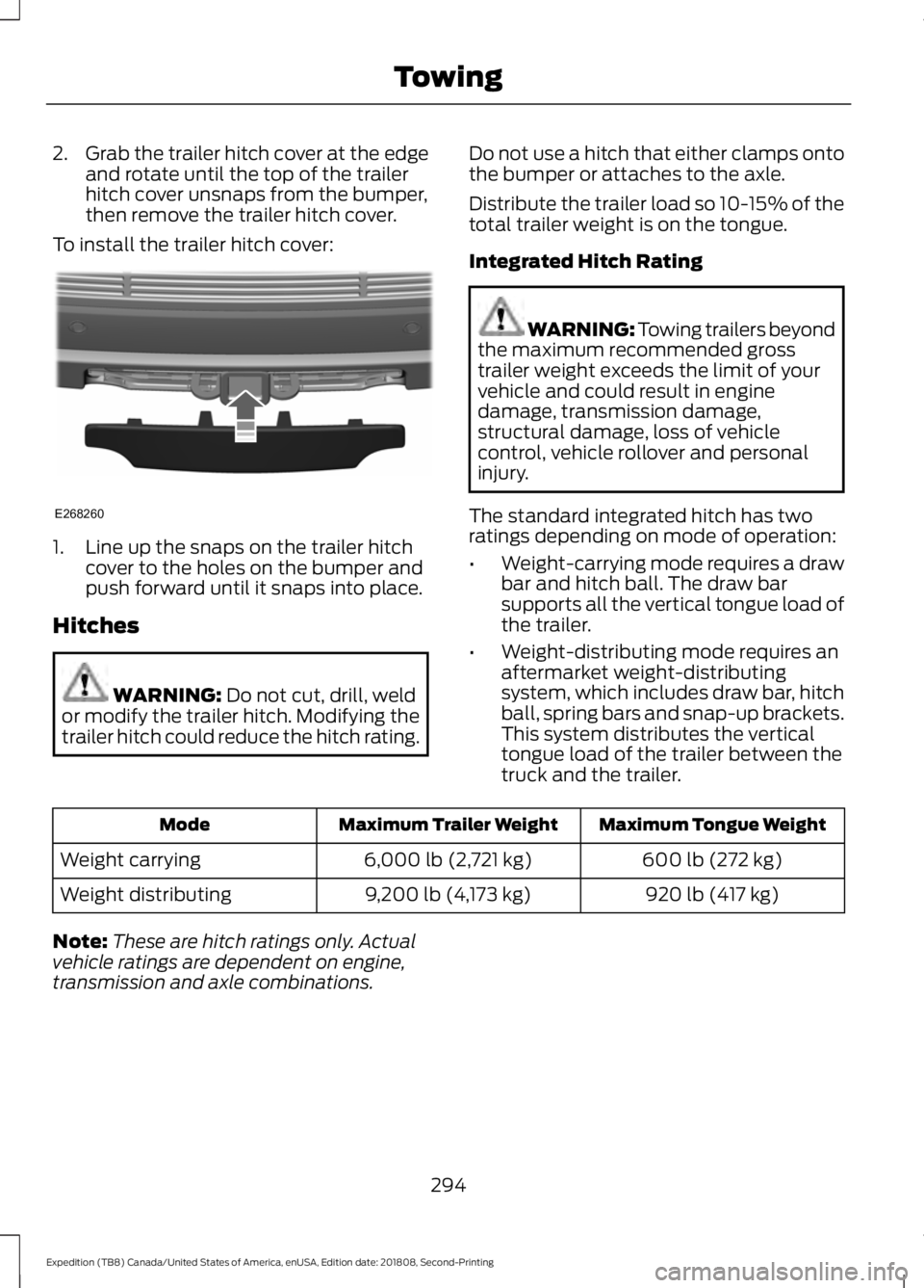 FORD EXPEDITION 2019 Owners Manual 2.
Grab the trailer hitch cover at the edge
and rotate until the top of the trailer
hitch cover unsnaps from the bumper,
then remove the trailer hitch cover.
To install the trailer hitch cover: 1. Lin FORD EXPEDITION 2019 Owners Manual 2.
Grab the trailer hitch cover at the edge
and rotate until the top of the trailer
hitch cover unsnaps from the bumper,
then remove the trailer hitch cover.
To install the trailer hitch cover: 1. Lin