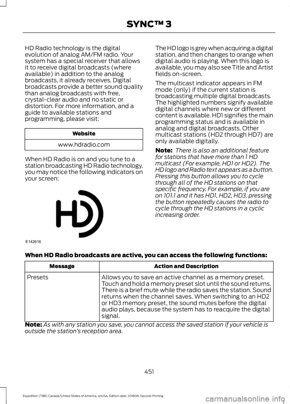 FORD EXPEDITION 2019 Owners Manual HD Radio technology is the digital
evolution of analog AM/FM radio. Your
system has a special receiver that allows
it to receive digital broadcasts (where
available) in addition to the analog
broadcas FORD EXPEDITION 2019 Owners Manual HD Radio technology is the digital
evolution of analog AM/FM radio. Your
system has a special receiver that allows
it to receive digital broadcasts (where
available) in addition to the analog
broadcas