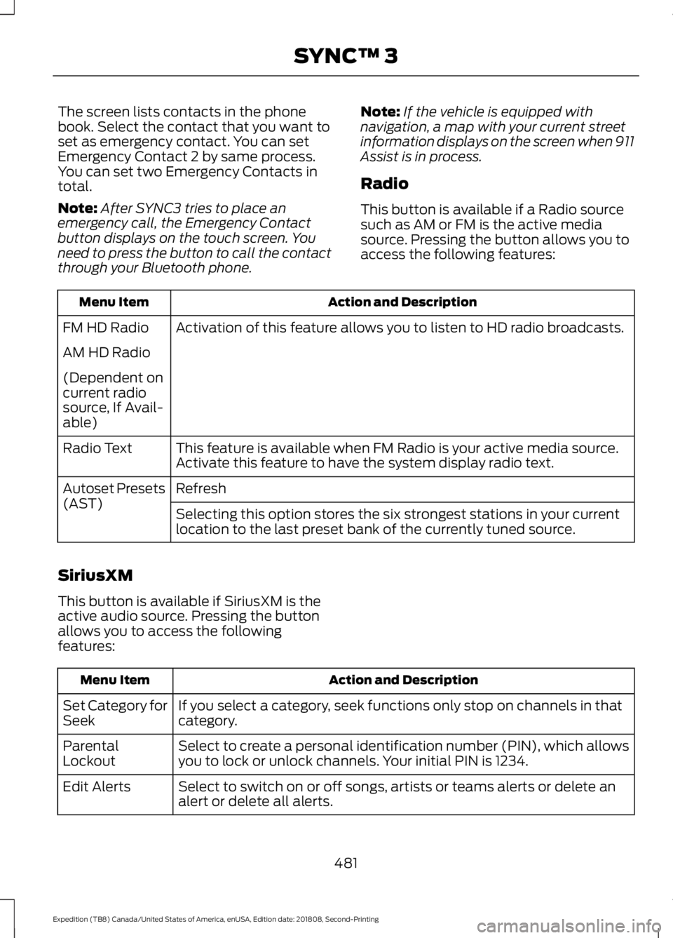FORD EXPEDITION 2019 Owners Manual The screen lists contacts in the phone
book. Select the contact that you want to
set as emergency contact. You can set
Emergency Contact 2 by same process.
You can set two Emergency Contacts in
total. FORD EXPEDITION 2019 Owners Manual The screen lists contacts in the phone
book. Select the contact that you want to
set as emergency contact. You can set
Emergency Contact 2 by same process.
You can set two Emergency Contacts in
total.
