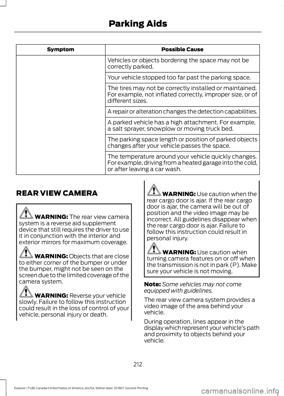 FORD EXPLORER 2019  Owners Manual Possible Cause
Symptom
Vehicles or objects bordering the space may not be
correctly parked.
Your vehicle stopped too far past the parking space.
The tires may not be correctly installed or maintained.
