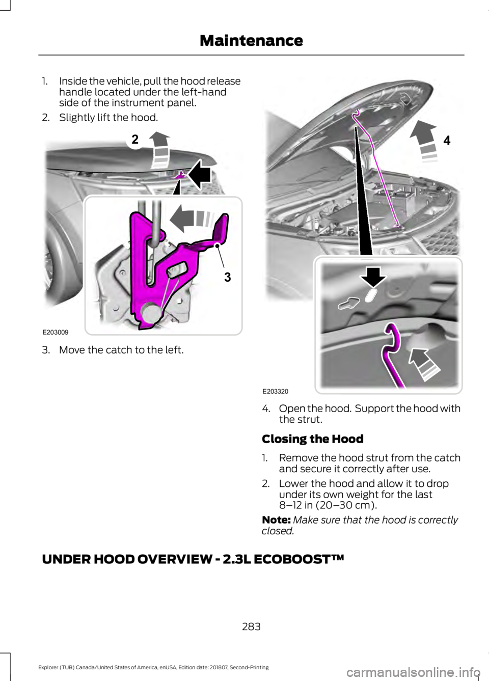 FORD EXPLORER 2019  Owners Manual 1.
Inside the vehicle, pull the hood release
handle located under the left-hand
side of the instrument panel.
2. Slightly lift the hood. 3. Move the catch to the left.
4.
Open the hood.  Support the h