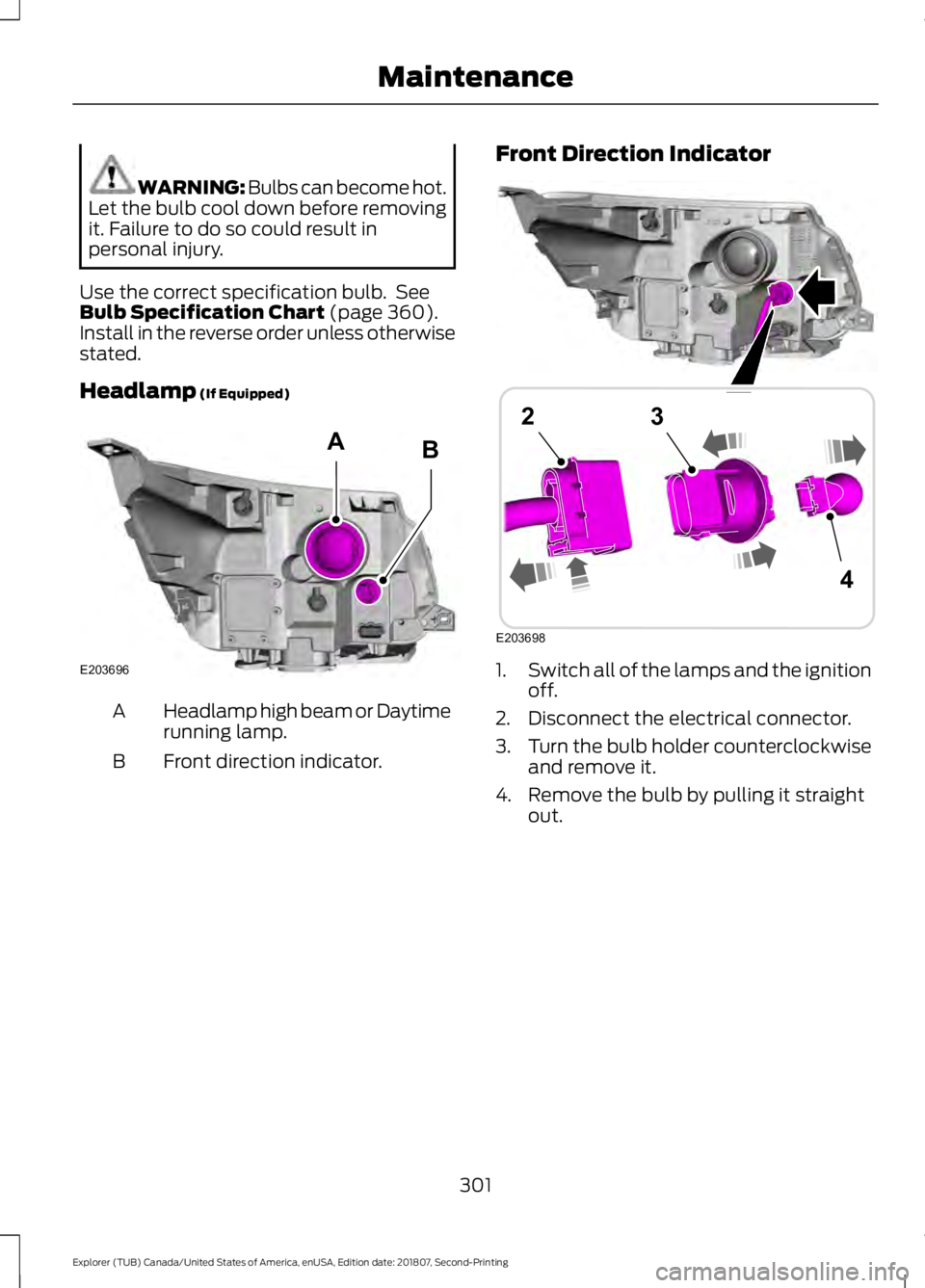 FORD EXPLORER 2019  Owners Manual WARNING: Bulbs can become hot.
Let the bulb cool down before removing
it. Failure to do so could result in
personal injury.
Use the correct specification bulb.  See
Bulb Specification Chart (page 360)