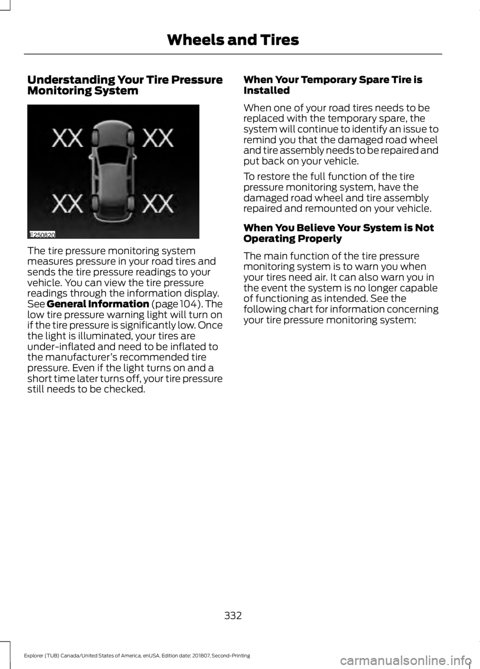 FORD EXPLORER 2019  Owners Manual Understanding Your Tire Pressure
Monitoring System
The tire pressure monitoring system
measures pressure in your road tires and
sends the tire pressure readings to your
vehicle. You can view the tire 