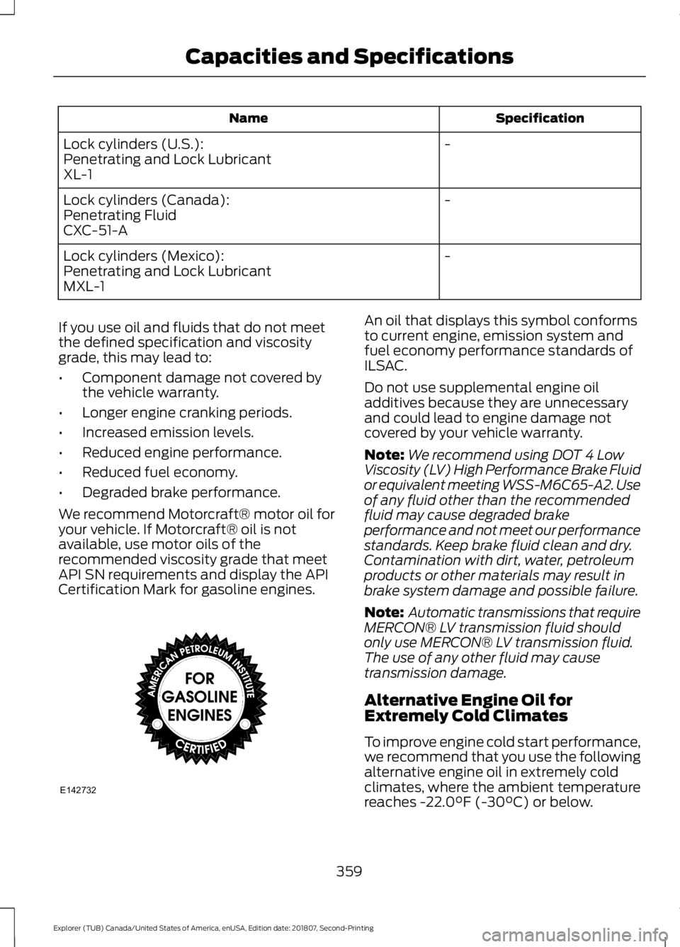 FORD EXPLORER 2019  Owners Manual Specification
Name
-
Lock cylinders (U.S.):
Penetrating and Lock Lubricant
XL-1
-
Lock cylinders (Canada):
Penetrating Fluid
CXC-51-A
-
Lock cylinders (Mexico):
Penetrating and Lock Lubricant
MXL-1
If