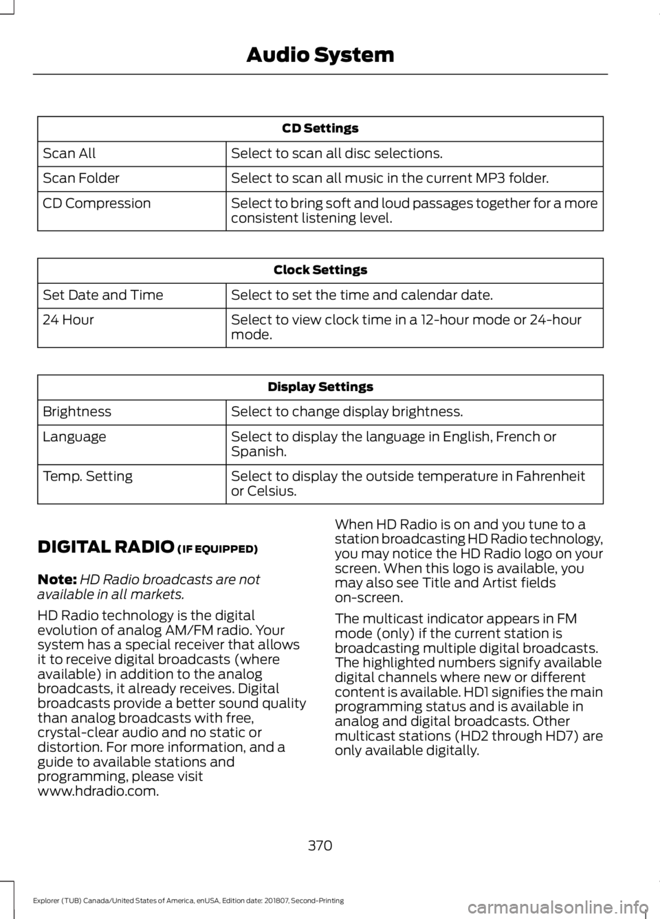 FORD EXPLORER 2019  Owners Manual CD Settings
Select to scan all disc selections.
Scan All
Select to scan all music in the current MP3 folder.
Scan Folder
Select to bring soft and loud passages together for a more
consistent listening