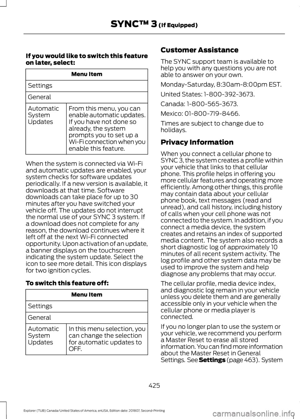 FORD EXPLORER 2019  Owners Manual If you would like to switch this feature
on later, select:
Menu Item
Settings
General From this menu, you can
enable automatic updates.
If you have not done so
already, the system
prompts you to set u