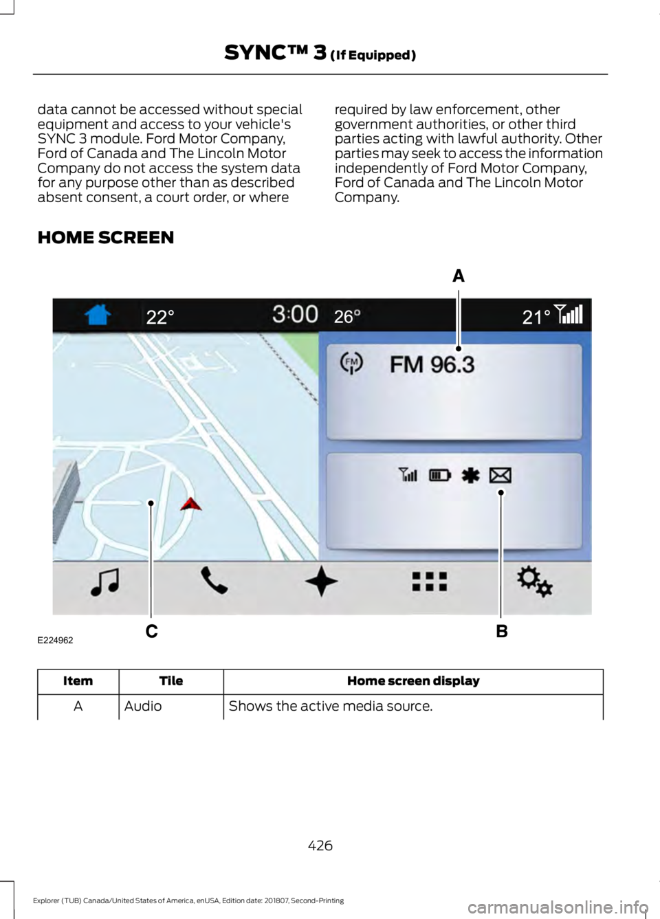 FORD EXPLORER 2019  Owners Manual data cannot be accessed without special
equipment and access to your vehicle's
SYNC 3 module. Ford Motor Company,
Ford of Canada and The Lincoln Motor
Company do not access the system data
for any