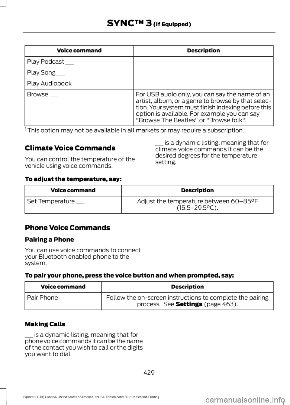FORD EXPLORER 2019  Owners Manual Description
Voice command
Play Podcast ___
Play Song ___
Play Audiobook ___ For USB audio only, you can say the name of an
artist, album, or a genre to browse by that selec-
tion. Your system must fin