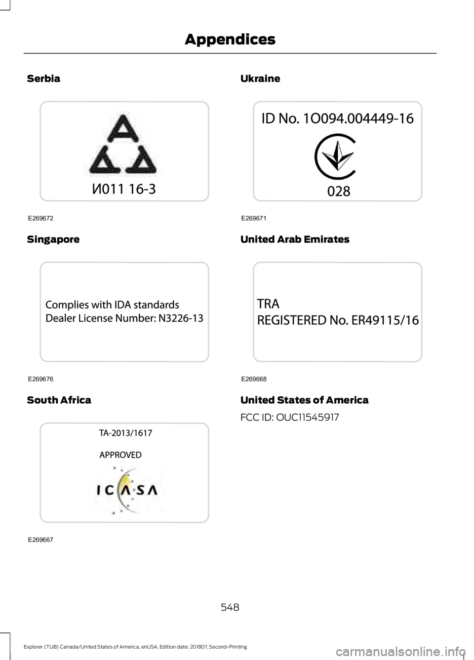 FORD EXPLORER 2019  Owners Manual Serbia
Singapore
South Africa Ukraine
United Arab Emirates
United States of America
FCC ID: OUC11545917
548
Explorer (TUB) Canada/United States of America, enUSA, Edition date: 201807, Second-Printing